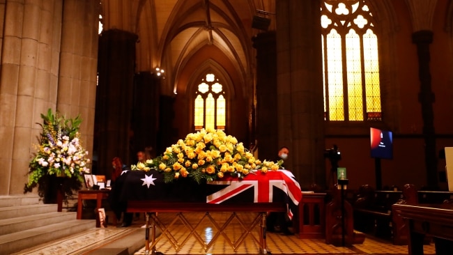 Bert Newton's casket has arrived at St Patrick's Cathedral for his state funeral service. Picture: Darrian Traynor/Getty Images