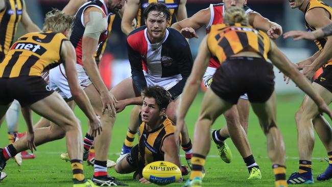 Daniel Howe clears the ball in Launceston.