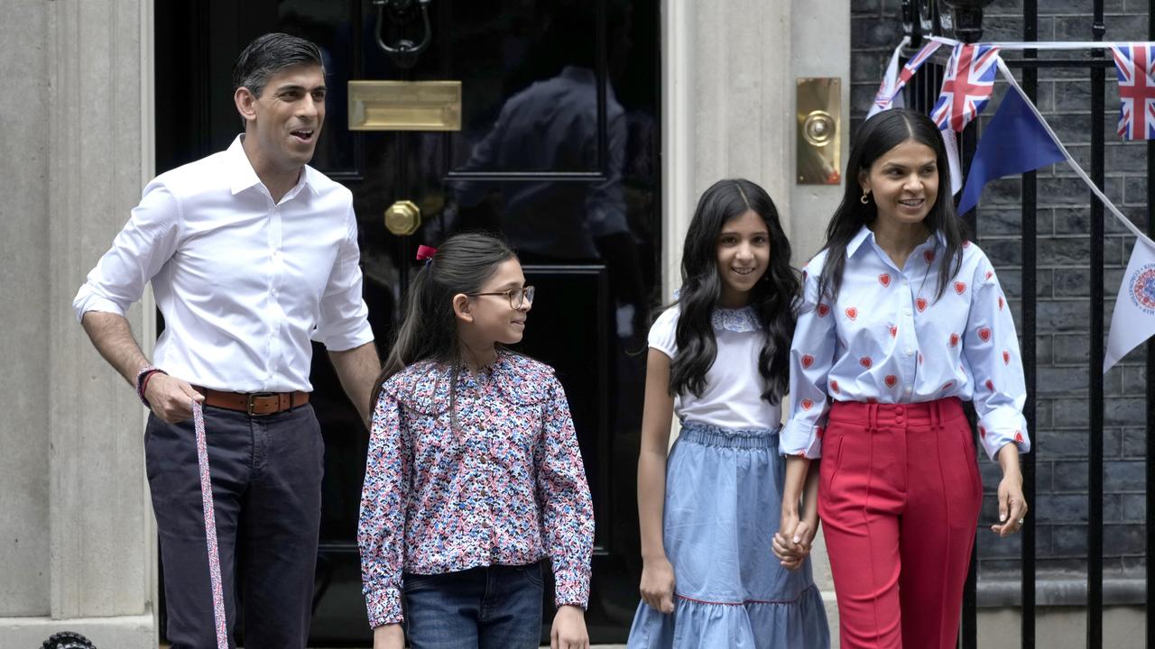 UK Prime Minister Rishi Sunak with wife Akshata Murty, and their daughters Krishna and Anoushka. Picture: Christopher Furlong/Getty Images