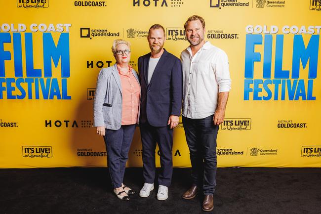 Courtney Gibson and Jeffery Walker and Josh Martin at the Portable Door screening, HOTA. Picture: Supplied.