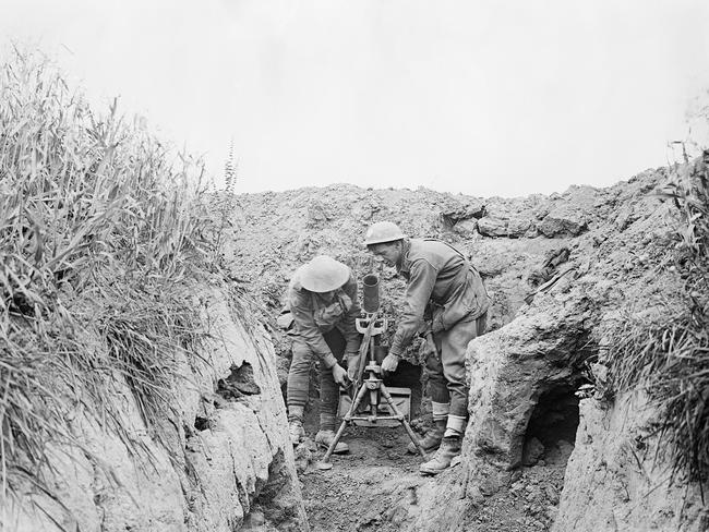 Australian Diggers on the Western Front showing two men of the 7th Australian Light Trench Mortar Battery operating a light trench mortar.