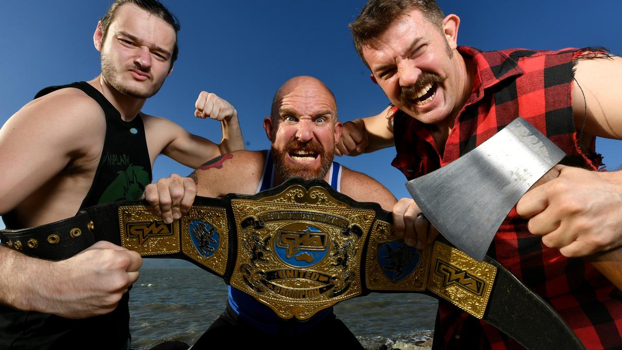 Whiplash, JC Sabotage and Tim Burr are part of Queensland Wrestling Alliance's Reckless and the Brave. Picture: Evan Morgan