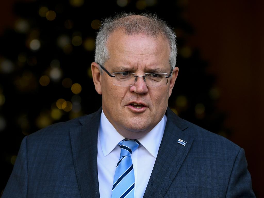 Prime Minister Scott Morrison speaks to the media during a press conference at Parliament House in Canberra today. Picture: Lukas Coch/AAP