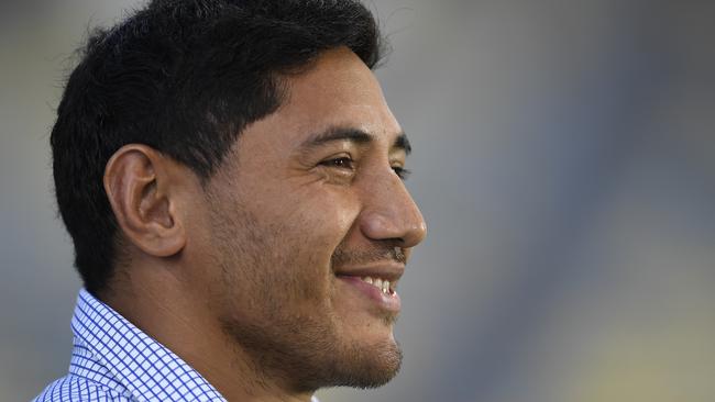 TOWNSVILLE, AUSTRALIA - MARCH 20: Jason Taumalolo of the Cowboys speaks to the media before the start of the round two NRL match between the North Queensland Cowboys and the St George Illawarra Dragons at QCB Stadium, on March 20, 2021, in Townsville, Australia. (Photo by Ian Hitchcock/Getty Images)