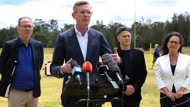 Minister for Sport Alister Henskens, Premier Dominic Perrottet and Minister for Customer Service and Digital Government Victor Dominello show their support for Liberal Leppington candidate Theresea Fideli. Picture: NCA NewsWire/ Gaye Gerard