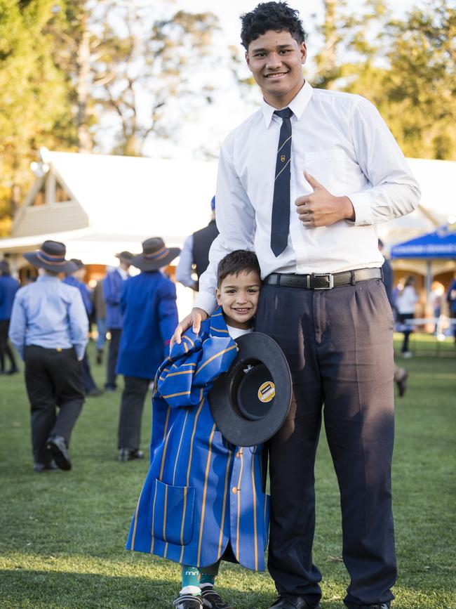 Ratu Baravilala wears his brothers Rupeni Baravilala TGS uniform after watching their big brother Iliesa Baravilala play in the Firsts in the O'Callaghan Cup on Grammar Downlands Day at Toowoomba Grammar School, Saturday, August 19, 2023. Picture: Kevin Farmer