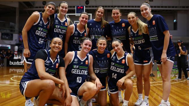 Geelong United players pose for a team photo after the team’s win against Adelaide Lightning at Geelong Arena. Picture: Mike Owen/Getty Images