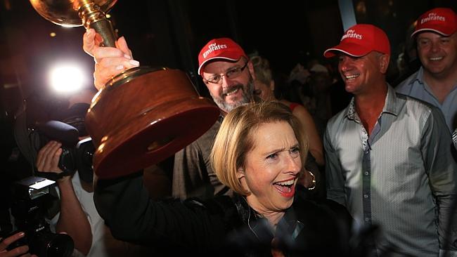 Gai Waterhouse with the Melbourne Cup at a celebration party at the French Brasserie. Picture: Mark Evans