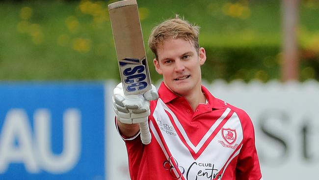 Blake Macdonald of St. George celebrates scoring a century during round 1 against Hawkesbury at Hurstville Oval on September 24, 2022. (Photo by Jeremy Ng/Newscorp Australia)