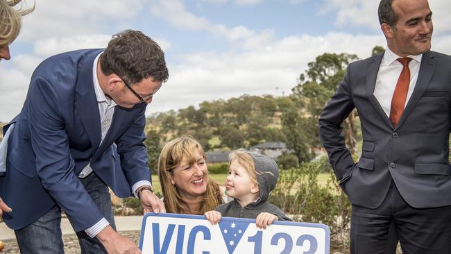 Daniel Andrews making announcement on a new school in Mernda. With Danielle Green member for Yan Yean and Deputy Leader of the Labor Party Mr James Merlino, MP. 3 year old Jeremy Kinder. Picture: Jason Edwards.