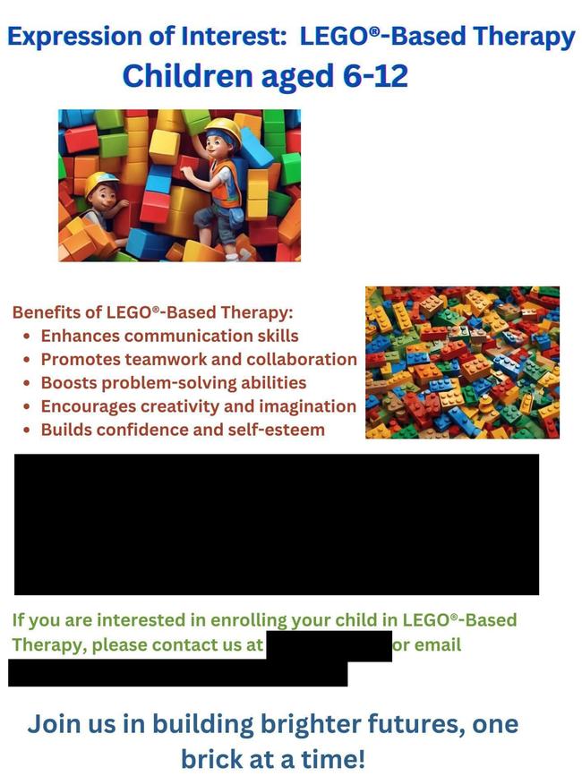 Another unregistered provider offering Lego-based therapy. Source: Facebook