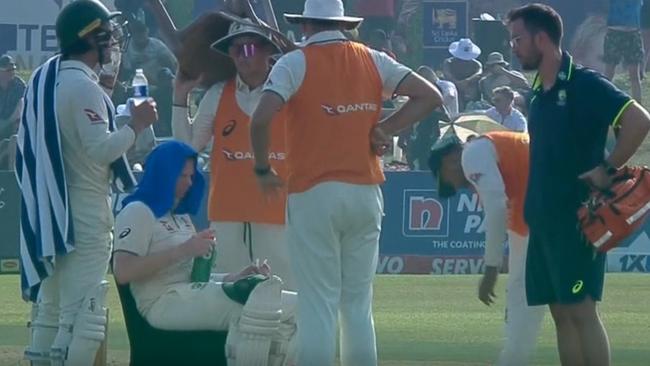 Steve Smith (on chair) with an elite set up during a drinks break in Galle. Photo: Channel 7.