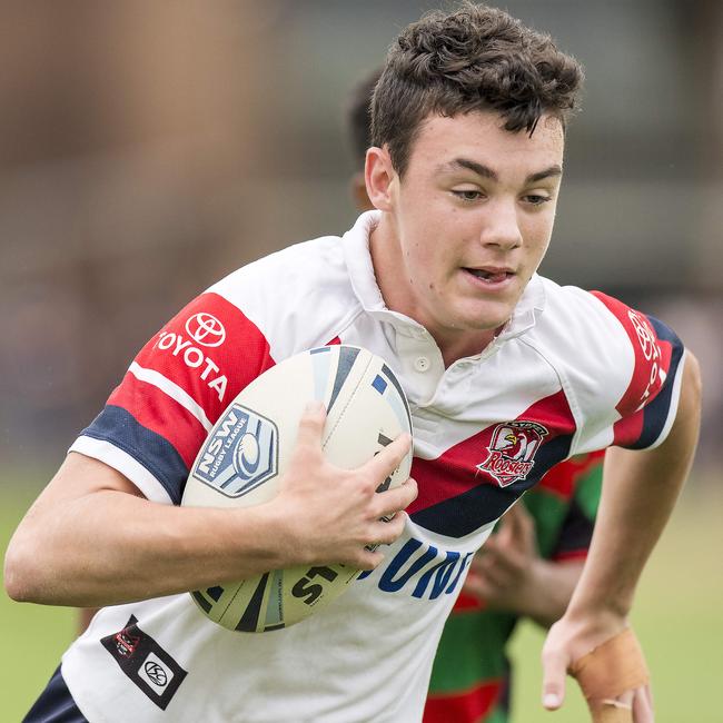 Central Coast Roosters player Ty Harris heads to the try line to score during their Harold Matthews rugby league match versus South Sydney at Morry Breen Oval at Kanwal on Saturday. Picture: Troy Snook