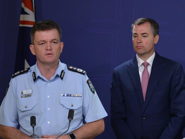 AFP Commissioner Andrew Colvin and Minister for Justice Michael Keenan condemned the alleged planned attacks at a press conference with the Prime Minister. Picture: Peter Parks/AFP