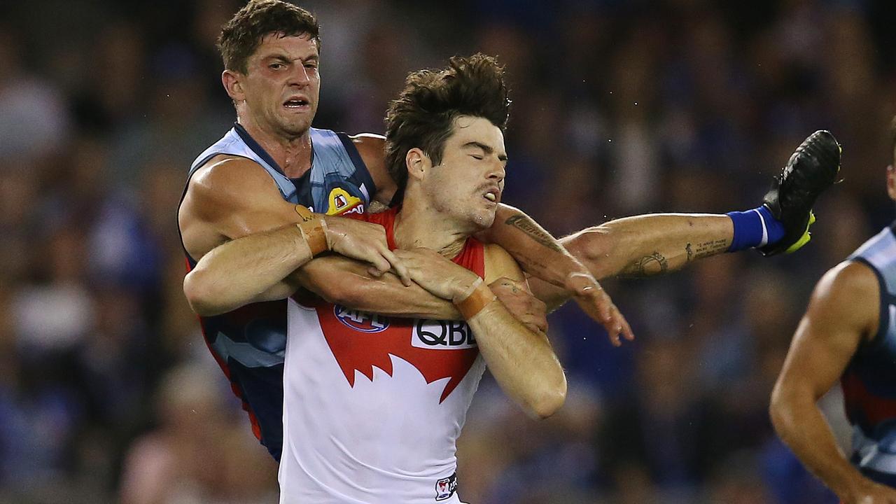 Tom Liberatore lays a big tackle against Sydney. Picture: Michael Klein