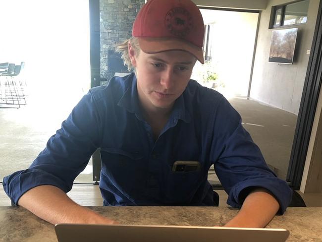 NSW student Charlie Lawrence who is at home on the farm waiting for restrictions to lift in SA. Pictures: SUPPLIED