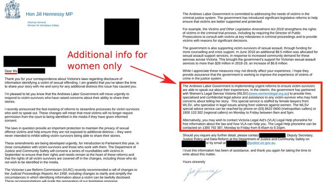 The ‘women’s version’ of the letter includes details on how they can access free legal advice. Picture: Supplied.