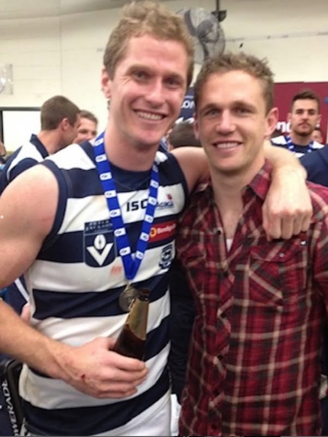 Troy and Joel Selwood celebrate a happy moment.