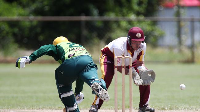 Rovers’ Ryan Terry does well not to be run out by Atherton's Caleb Constant in the Cricket Far North first-grade match between Rovers and Atherton at Griffiths Park, Manunda. Picture: Brendan Radke