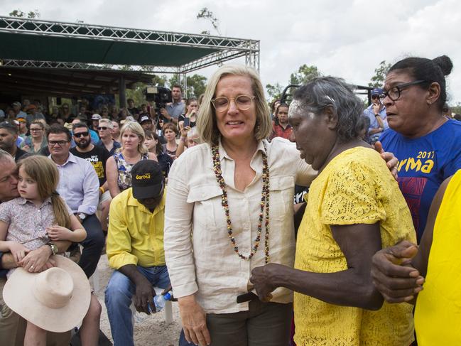 04-08-17 - PM Malcolm Turnbull at the Garma Festival in North-east Arnhem Land in the Northern Territory. An emotional Lucy Turnbull embraces Eunice Yunupingu, Aunty to recently deceased Dr G Yunupingu.  Picture by Melanie Faith Dove