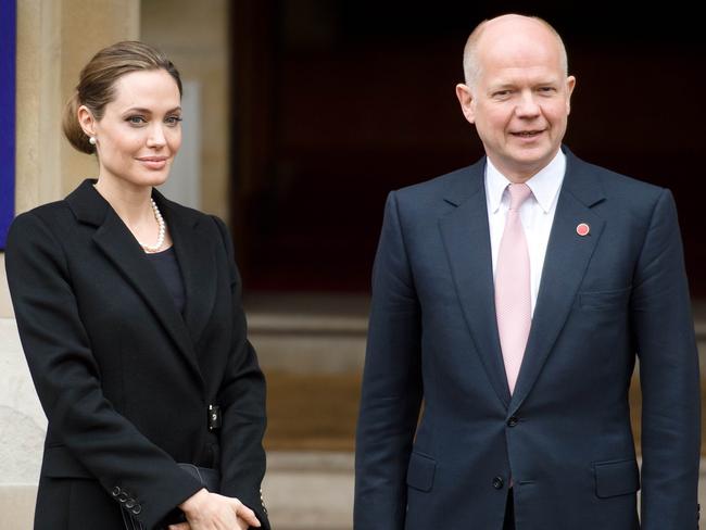 Angelina Jolie and William Hague outside Lancaster House in London on April 11, 2013. Picture: AFP/Leon Neal