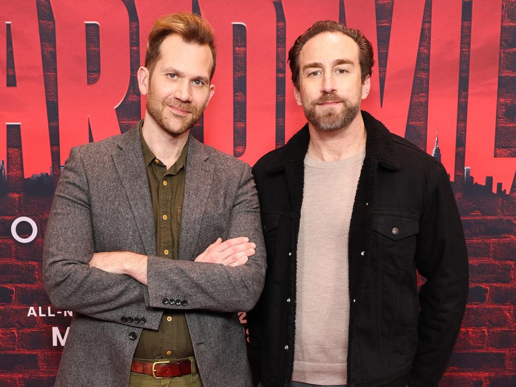 Aaron Moorhead and Justin Benson at the Daredevil: Born Again red-carpet launch event at The Hudson Theater in New York this week. Picture: Jamie McCarthy/Getty Images for Disney