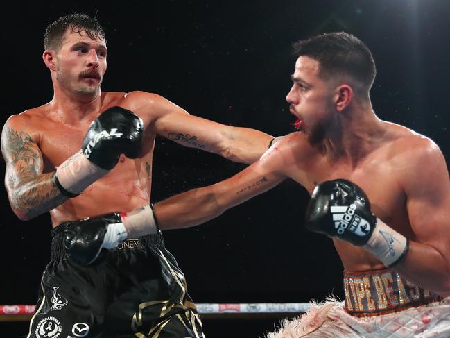 Hussain fights through a broken jaw against Ben Mahoney in 2020. Picture: Getty Images