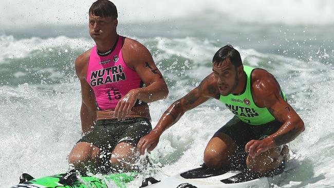 GOLD COAST, AUSTRALIA - FEBRUARY 06: Ben Carberry and Matt Poole compete during the round 6 Nutri-Grain Ironman Series at Kurrawa SLSC on February 06, 2022 in Gold Coast, Australia. (Photo by Chris Hyde/Getty Images)