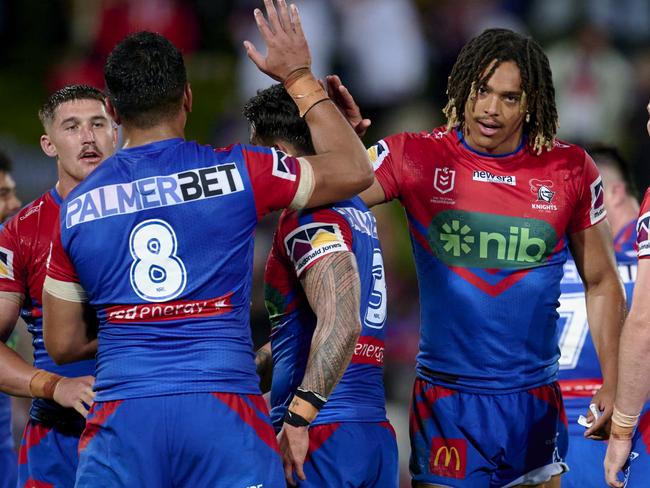SYDNEY, AUSTRALIA - SEPTEMBER 02: Dominic Young of the Knights celebrates scoring a try with team mates during the round 27 NRL match between St George Illawarra Dragons and Newcastle Knights at Netstrata Jubilee Stadium on September 02, 2023 in Sydney, Australia. (Photo by Brett Hemmings/Getty Images)