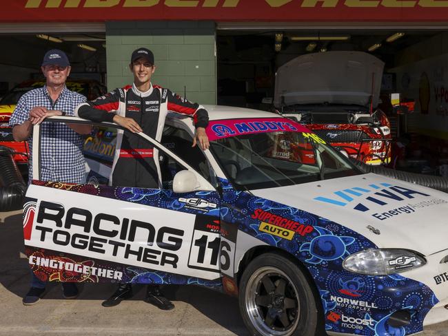 The Racing Together team Garry Connelly (co-founder), Braedyn Cidoni (driver) at the Darwin Supercars event at Hidden Valley on Friday. Picture: Mark Horsburgh