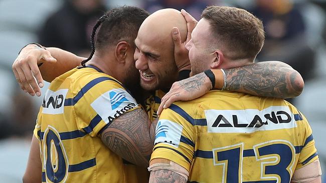 Parramatta’s Blake Fergusoncelebrates after scoring a try against the Warriors at Central Coast Stadium on Sunday. Picture: Getty Images