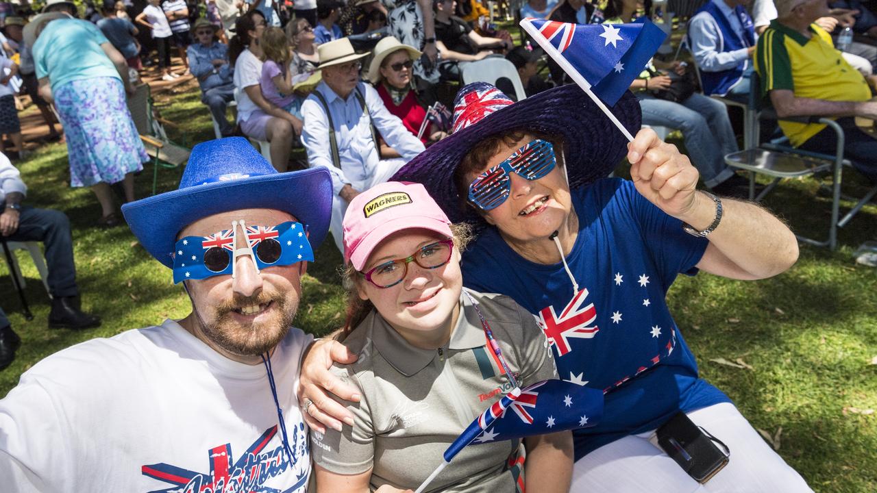 AUSSIE SPIRIT: Chris Acworth, Savannah Wilson and Betty Acworth at the 2021 Toowoomba Australia Day awards and celebrations at Picnic Point. Picture: Kevin Farmer