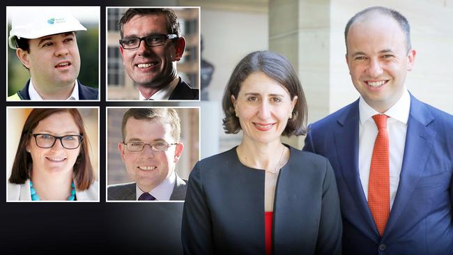 Gladys Berejiklian and her cabinet young guns Stuart Ayres, 36, Dominic Perrottet, 34, Sarah Mitchell, 34, Adam Marshall, 32, and Matt Kean, 35.