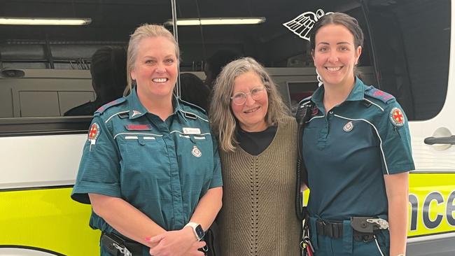 Lisa Jack (centre) was reunited with Queensland Ambulance Service paramedics Holly Patti and Emma Vaughan.