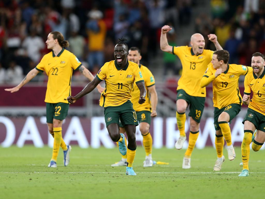 Mabil took Australia’s final penalty against Peru, slotting the ball into the bottom right corner of the net. Picture: Mohamed Farag/Getty Images