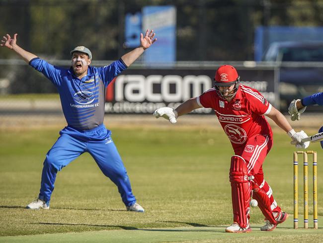 MPCA cricket semi-final: Langwarrin v Sorrento. Langwarrin keeper Tom Hussey and Sorrento batsman Bob Wilson. Picture: Valeriu Campan