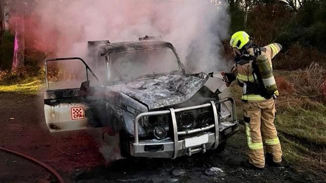 Heartless thieves have targeted a Gippsland fire brigade and stolen a slip-on vehicle, where crews later found it destroyed by fire. Picture: CFA