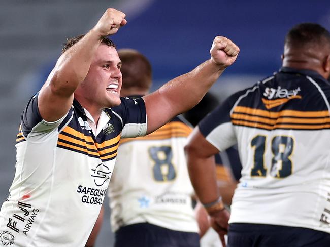 Blake Schoupp celebrates the Brumbies’ drought-breaking win. Picture: Getty Images