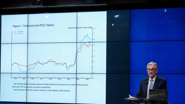 Jerome Powell has indicated the Federal Reserve is on track to raise interest rates by a half percentage point at its next meeting, stepping down from an unprecedented series of four 0.75-point rate rises aimed at combating high inflation. Picture: Drew Angerer/Getty Images/AFP