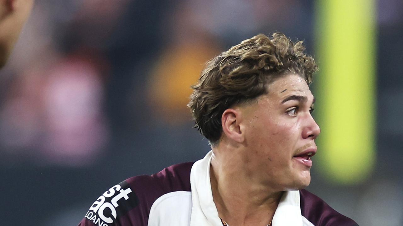 LAS VEGAS, NEVADA - MARCH 02: Reece Walsh of the Broncos runs the ball during the round one NRL match between Sydney Roosters and Brisbane Broncos at Allegiant Stadium, on March 02, 2024, in Las Vegas, Nevada. (Photo by Ezra Shaw/Getty Images)