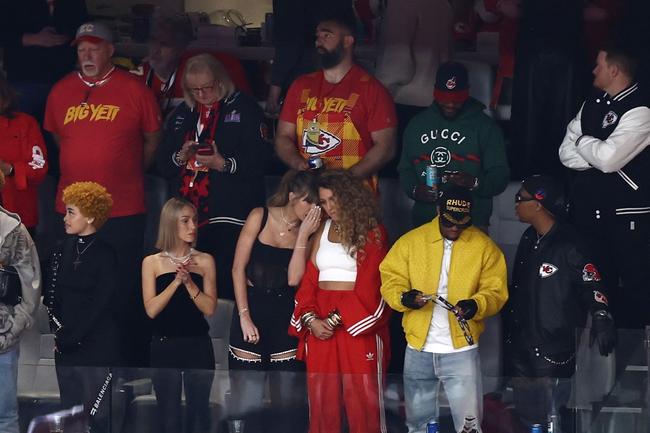 Ed Kelce, Donna Kelce, Jason Kelce, Ice Spice, Taylor Swift and Blake Lively attend the 2024 Super Bowl. Getty Images