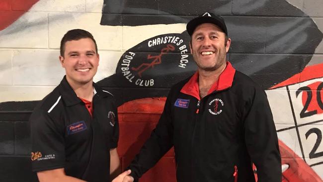 Clayton Mesecke (left) has starred on the ball for Roopena. Picture: Christies Beach Football Club