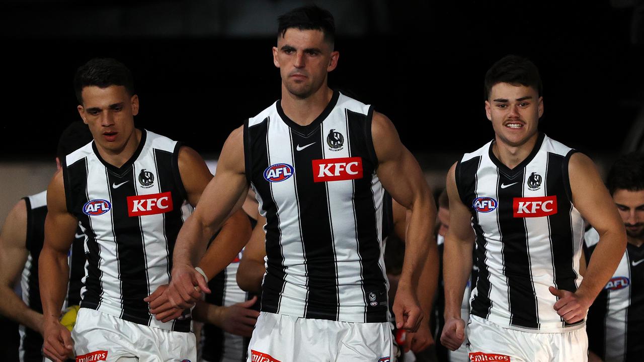 Scott Pendlebury of the Magpies leads the team out. Picture: Mark Stewart