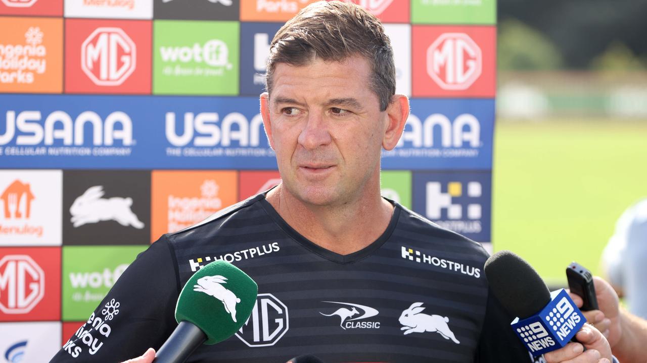 SYDNEY, AUSTRALIA - NewsWire Photos MARCH 21, 2024: South Sydney Rabbitohs coach Jason Demetriou pictured speaking to media after the South Sydney Rabbitohs training session. Rabbitohs Centre at Heffron Park, Maroubra. Picture: NCA NewsWire / Damian Shaw