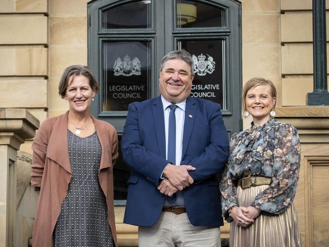 Declaration of the poll at the Legislative Council steps, Hobart Greens Cassy O’Connor, Prosser Liberal Kerry Vincent and Elwick independent Bec Thomas. Picture: Chris Kidd