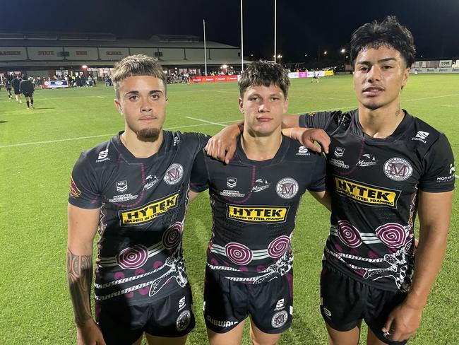 Jordan Hotere (left), Hayden Watson (middle) and Tamai Whakatau (right) following Marsden SHS Round 1 Langer Trophy win over Stretton State College. Picture: Andrew Dawson.