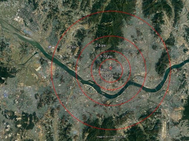 The potential blast area around Seoul would be significant. Picture: Google Maps/38 North