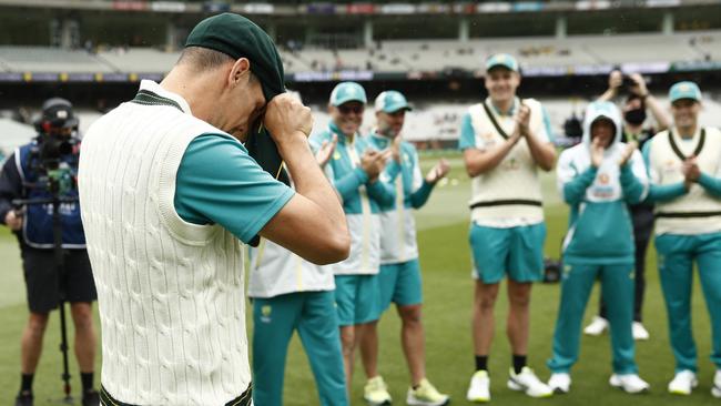 Scott Boland after being presented with his Baggy Green. Picture: Getty Images