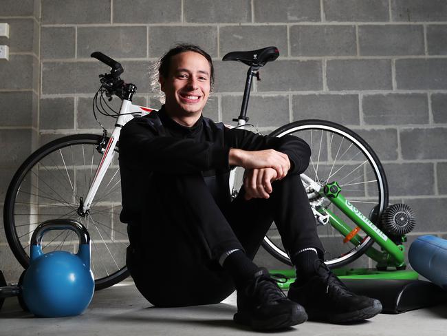 Alex Peroni in the make shift gym at home he's been training out of. Alex Peroni motor racing driver is about to depart Hobart for Spain to make the return to racing in the FIA Formula 3 championship in Europe. Picture: NIKKI DAVIS-JONES