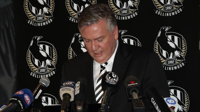 Eddie McGuire announcing his departure from Collingwood. Picture: Alex Coppel